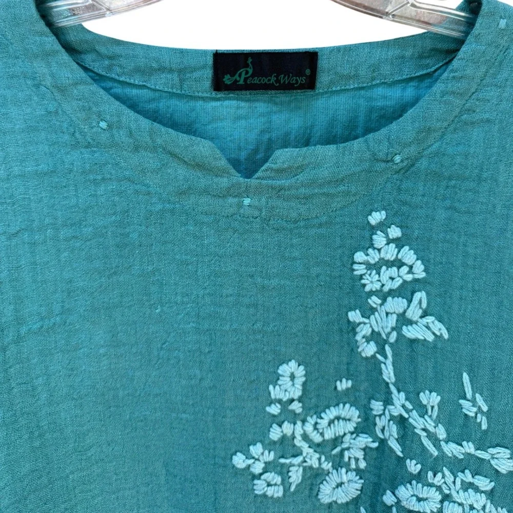 Peacock Ways 100% Linen Gauze Embroidered Tunic Dress Teal‎  Lagenlook Boho L